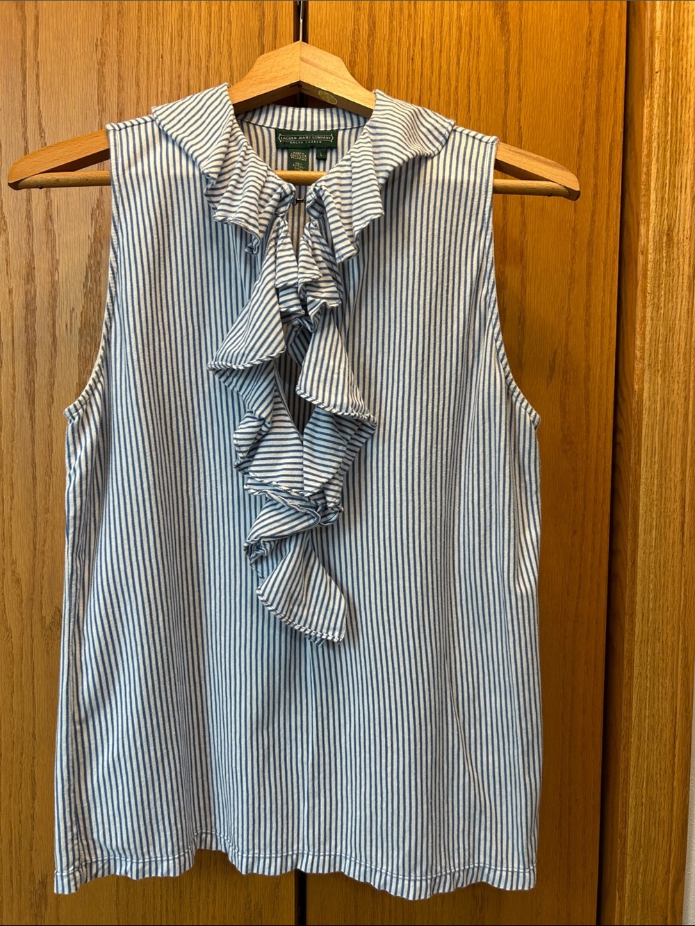 Ralph Lauren Blue & White Vertical Stripe Ruffle Front Sleeveless Top